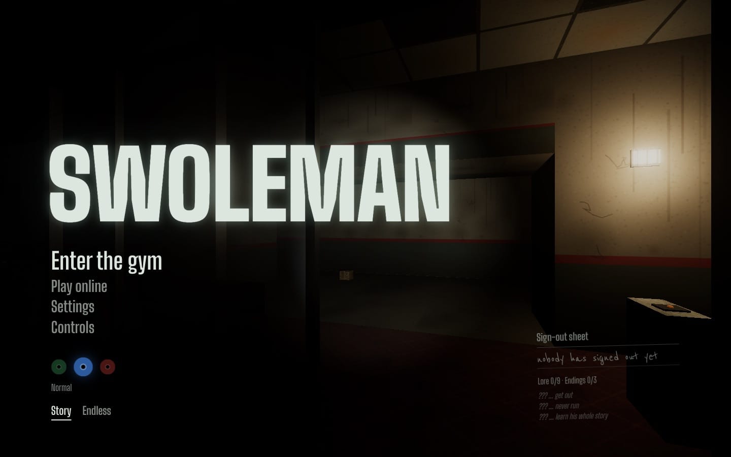 Swoleman title screen over a dark gym hallway lit by a single wall lamp
