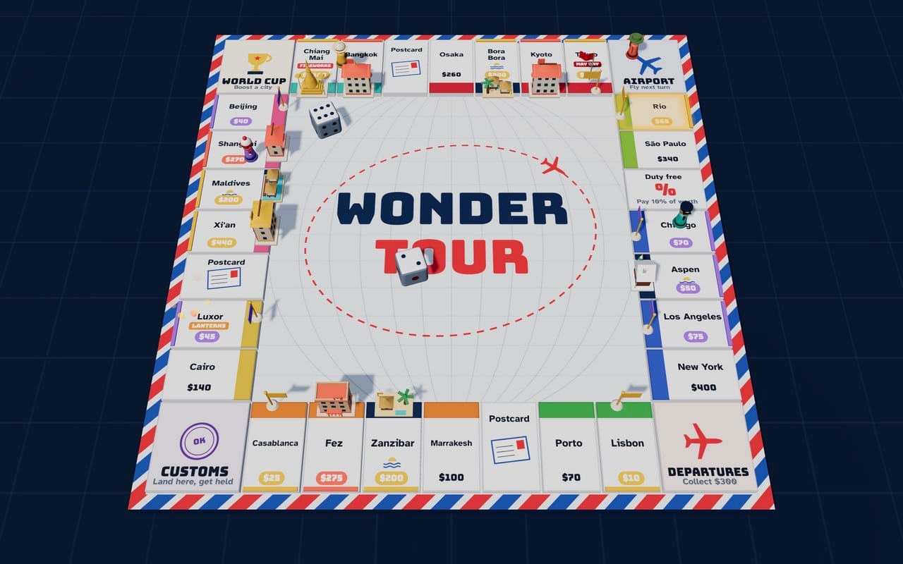 The Wonder Tour board mid-game, with hotels, landmarks and festival banners from Lisbon to Tokyo