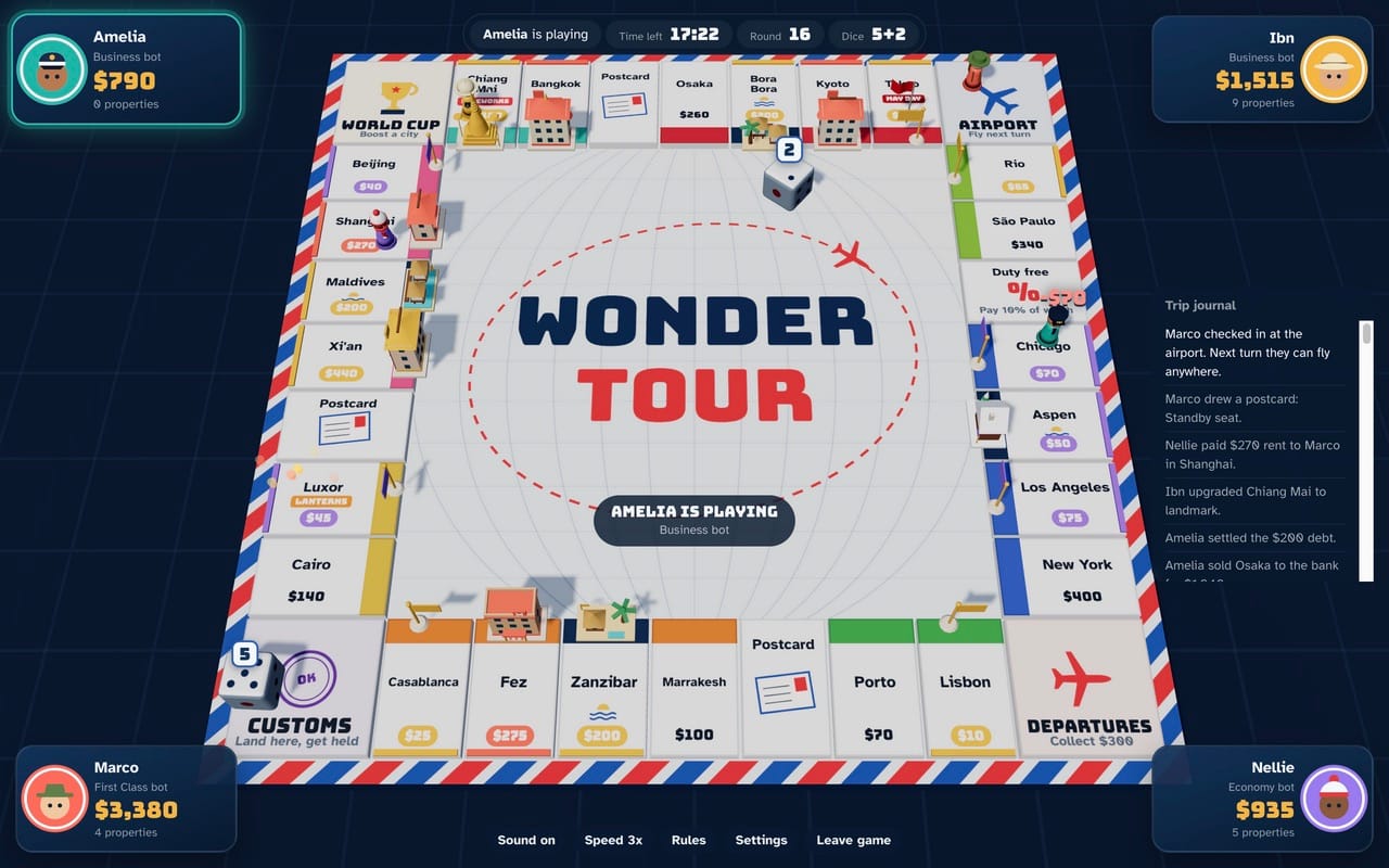 A four-bot game of Wonder Tour in round 16, with hotels and landmarks rising across the board.